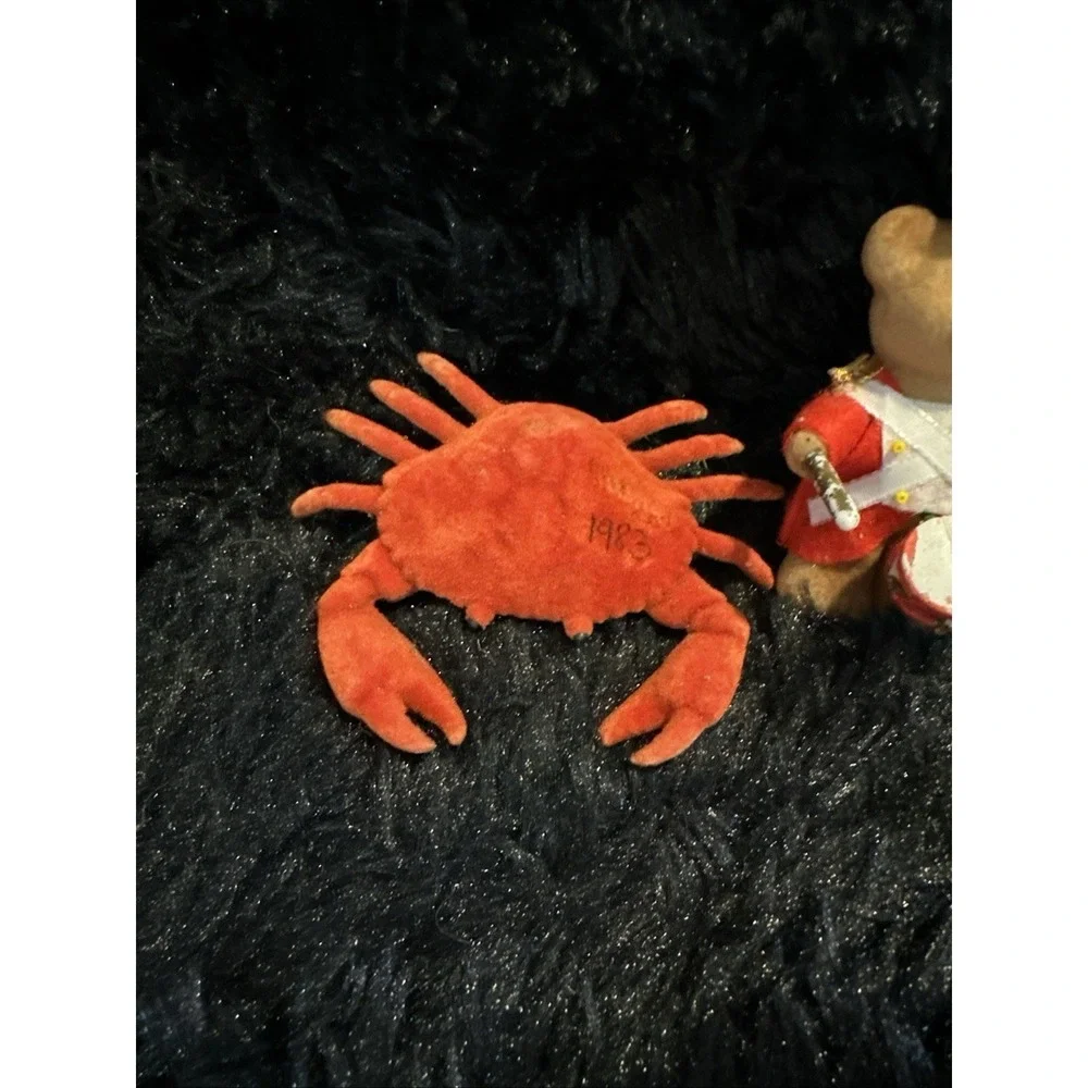 Vintage Flocked Teddy Bear Drum Major and crab Christmas Ornament
